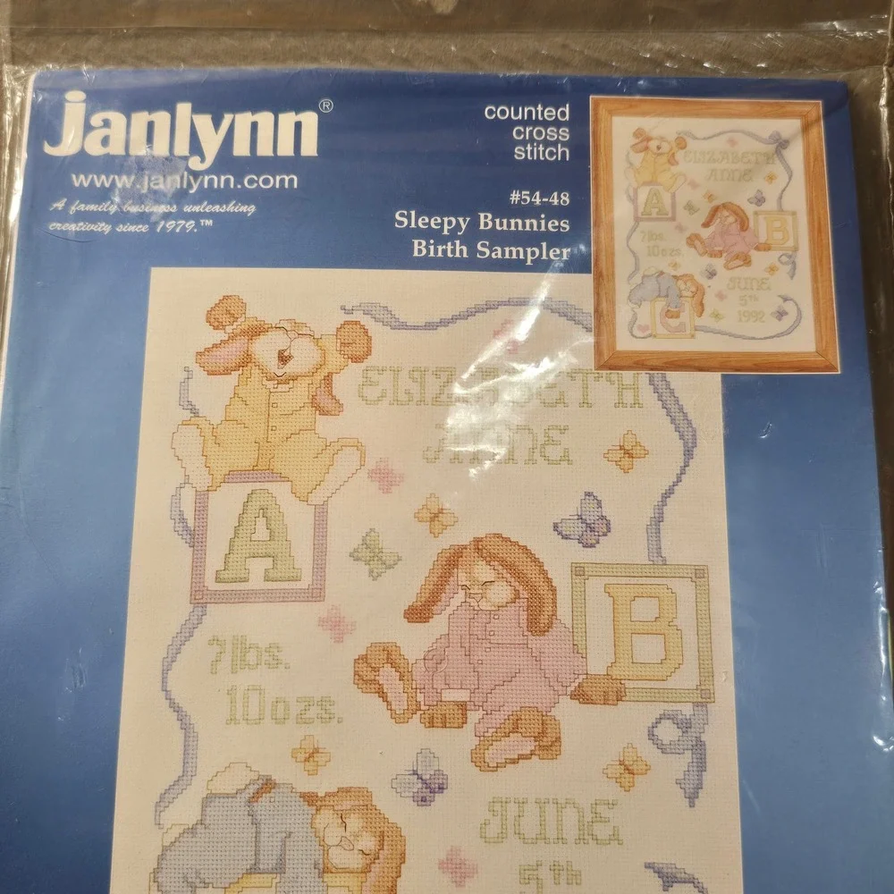 Janlynn Sleepy Bunnies Birth Sampler Counted Cross Stitch Kit 54-48 Vintage 1998